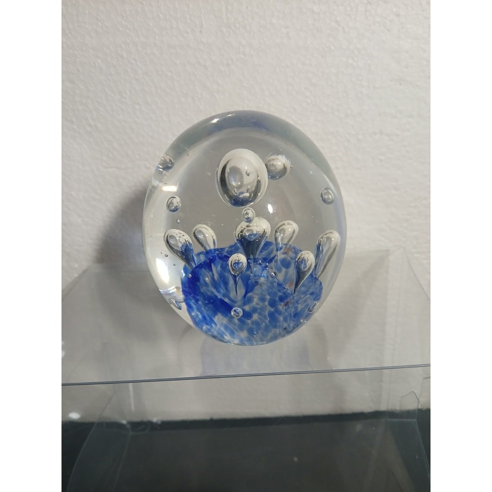 Vintage Cobalt Blue Art Glass Egg Paperweight Bubble Controlled Teardrop Spatte